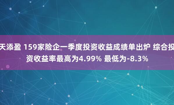 天添盈 159家险企一季度投资收益成绩单出炉 综合投资收益率最高为4.99% 最低为-8.3%